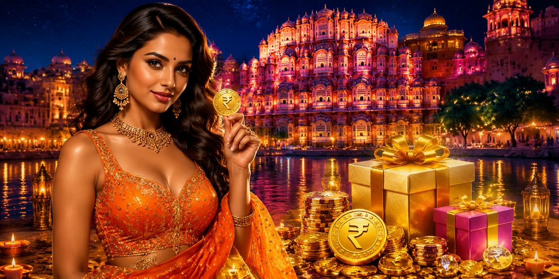 Scenic view of Jaipur's Hawa Mahal building with festive Rupee bonus vibes